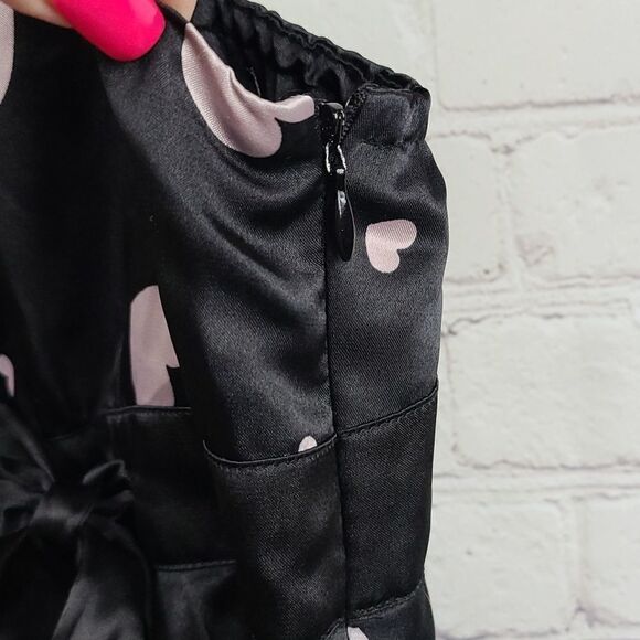 Justice Girls 14 Black Satin Sleeveless Fit & Flare Tier Ruffle Pink Heart Dress - Picture 7 of 11